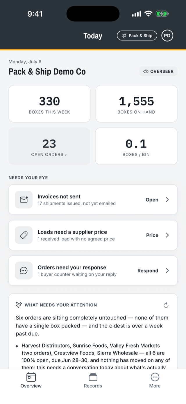 DockTally Overview screen showing boxes this week, boxes on hand, open orders, and an AI attention brief