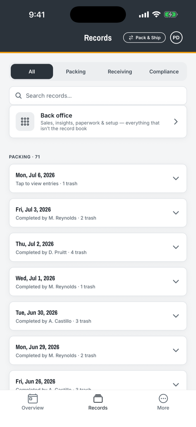 DockTally records list showing 71 filed production days, each with the person who completed it
