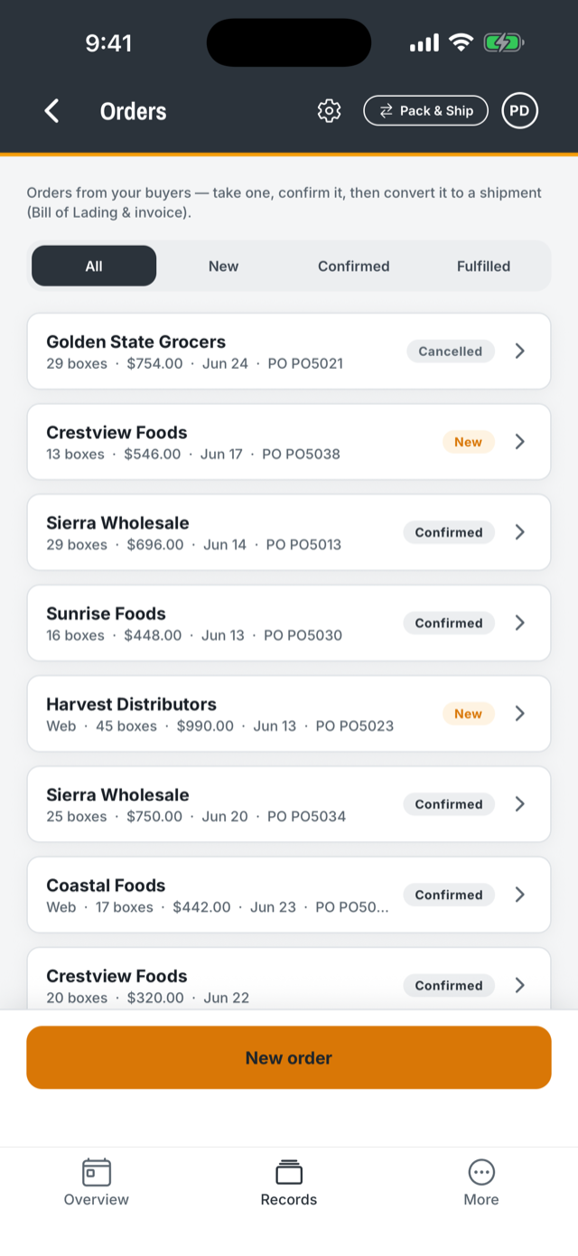 DockTally orders pipeline listing buyer orders with box counts, dollar totals, PO numbers and statuses