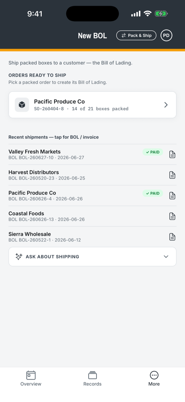 DockTally shipping screen with orders ready to ship and recent shipments showing BOL numbers and paid status